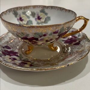 Vintage Floral Teacup and Saucer with Gold Accents